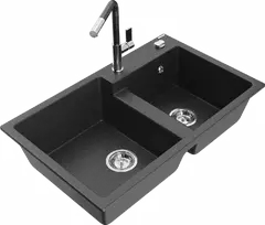 Granitinė virtuvinė plautuvė Mexen Tomas su maišytuvu ir sifonu, Juodas granite+Juodas granite/Chrome