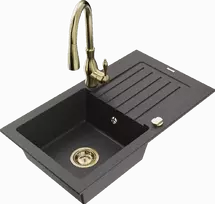 Granitinė virtuvinė plautuvė Mexen Pablo su maišytuvu ir sifonu, Juodas granite+Gold