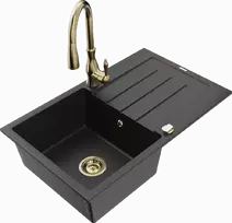 Granitinė virtuvinė plautuvė Mexen Bruno su maišytuvu ir sifonu, Metallic juodas/sidabrinis+Gold