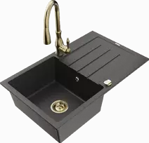Granitinė virtuvinė plautuvė Mexen Bruno su maišytuvu ir sifonu, Juodas granite+Gold