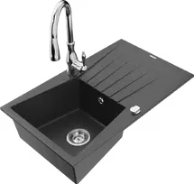 Granitinė virtuvinė plautuvė Mexen Cesar su maišytuvu ir sifonu, Juodas granite+Chrome