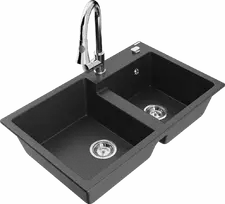 Granitinė virtuvinė plautuvė Mexen Tomas su maišytuvu ir sifonu, Juodas granite+Chrome