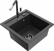 Granitinė virtuvinė plautuvė Mexen Vito su maišytuvu ir sifonu, Juodas granite+Juodas granite/Chrome