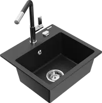 Granitinė virtuvinė plautuvė Mexen Milo su maišytuvu ir sifonu, Metallic juodas/sidabrinis+Juodas/Chrome