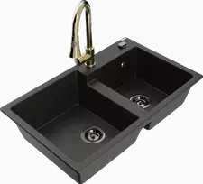 Granitinė virtuvinė plautuvė Mexen Tomas su maišytuvu ir sifonu, Metallic juodas/auksinis+Gold