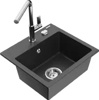 Granitinė virtuvinė plautuvė Mexen Milo su maišytuvu ir sifonu, Juodas granite+Chrome