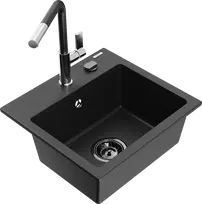 Granitinė virtuvinė plautuvė Mexen Milo su maišytuvu ir sifonu, Metallic juodas/sidabrinis+Juodas/Chrome