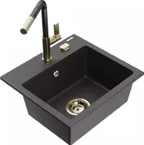 Granitinė virtuvinė plautuvė Mexen Milo su maišytuvu ir sifonu, Juodas granite+Juodas granite/Gold