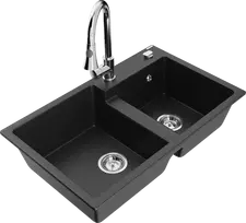 Granitinė virtuvinė plautuvė Mexen Tomas su maišytuvu ir sifonu, Metallic juodas/sidabrinis+Chrome