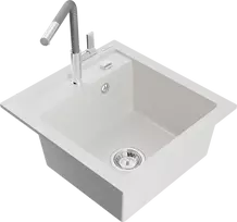 Granitinė virtuvinė plautuvė Mexen Vito su maišytuvu ir sifonu, Baltas+Pilkas/Chrome