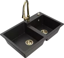 Granitinė virtuvinė plautuvė Mexen Tomas su maišytuvu ir sifonu, Metallic juodas/auksinis+Gold
