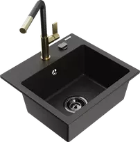 Granitinė virtuvinė plautuvė Mexen Milo su maišytuvu ir sifonu, Metallic juodas/auksinis+Juodas/Gold
