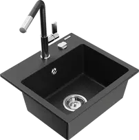 Granitinė virtuvinė plautuvė Mexen Milo su maišytuvu ir sifonu, Metallic juodas/auksinis+Juodas/Chrome