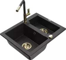Granitinė virtuvinė plautuvė Mexen Carlos su maišytuvu ir sifonu, Metallic juodas/sidabrinis+Juodas/Gold