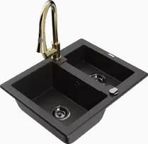 Granitinė virtuvinė plautuvė Mexen Carlos su maišytuvu ir sifonu, Metallic juodas/auksinis+Gold