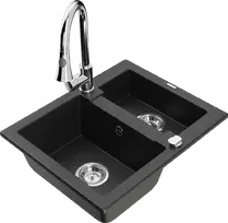 Granitinė virtuvinė plautuvė Mexen Carlos su maišytuvu ir sifonu, Metallic juodas/auksinis+Chrome