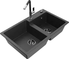 Granitinė virtuvinė plautuvė Mexen Tomas su maišytuvu ir sifonu, Juodas granite+Juodas/Chrome