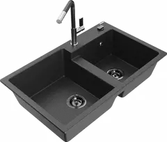 Granitinė virtuvinė plautuvė Mexen Tomas su maišytuvu ir sifonu, Juodas granite+Juodas granite/Chrome