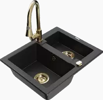 Granitinė virtuvinė plautuvė Mexen Carlos su maišytuvu ir sifonu, Metallic juodas/sidabrinis+Gold