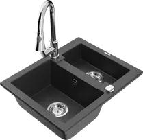 Granitinė virtuvinė plautuvė Mexen Carlos su maišytuvu ir sifonu, Juodas granite+Chrome