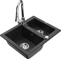 Granitinė virtuvinė plautuvė Mexen Carlos su maišytuvu ir sifonu, Metallic juodas/sidabrinis+Chrome