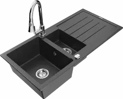 Granitinė virtuvinė plautuvė Mexen Andres su maišytuvu ir sifonu, Juodas granite+Chrome