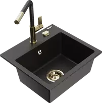 Granitinė virtuvinė plautuvė Mexen Milo su maišytuvu ir sifonu, Metallic juodas/auksinis+Juodas/Gold