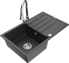 Granitinė virtuvinė plautuvė Mexen Bruno su maišytuvu ir sifonu, Juodas granite+Chrome