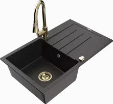 Granitinė virtuvinė plautuvė Mexen Bruno su maišytuvu ir sifonu, Metallic juodas/auksinis+Gold