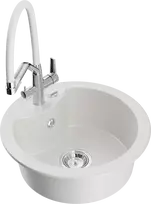 Granitinė virtuvinė plautuvė Mexen Diego su maišytuvu ir sifonu, Baltas+Baltas/Chrome