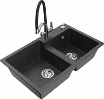 Granitinė virtuvinė plautuvė Mexen Tomas su maišytuvu ir sifonu, Juodas granite+Juodas/Chrome