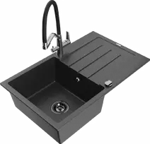 Granitinė virtuvinė plautuvė Mexen Bruno su maišytuvu ir sifonu, Juodas granite+Juodas/Chrome