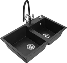 Granitinė virtuvinė plautuvė Mexen Tomas su maišytuvu ir sifonu, Metallic juodas/auksinis+Juodas/Chrome