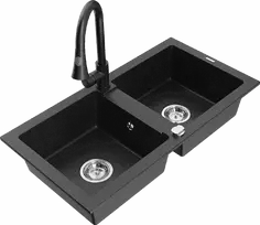 Granitinė virtuvinė plautuvė Mexen Mario su maišytuvu ir sifonu, Metallic juodas/sidabrinis+Juodas