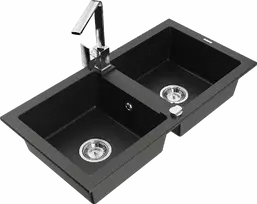 Granitinė virtuvinė plautuvė Mexen Mario su maišytuvu ir sifonu, Metallic juodas/auksinis+Chrome