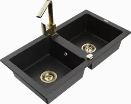 Granitinė virtuvinė plautuvė Mexen Mario su maišytuvu ir sifonu, Metallic juodas/sidabrinis+Gold