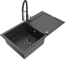 Granitinė virtuvinė plautuvė Mexen Leo su maišytuvu ir sifonu, Juodas granite+Juodas/Chrome