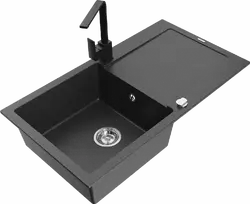 Granitinė virtuvinė plautuvė Mexen Leo su maišytuvu ir sifonu, Juodas granite+Juodas