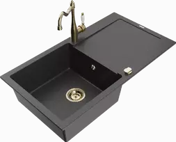 Granitinė virtuvinė plautuvė Mexen Leo su maišytuvu ir sifonu, Juodas granite+Gold