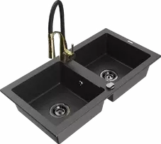 Granitinė virtuvinė plautuvė Mexen Mario su maišytuvu ir sifonu, Juodas granite+Juodas/Gold