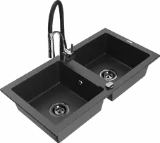 Granitinė virtuvinė plautuvė Mexen Mario su maišytuvu ir sifonu, Juodas granite+Juodas/Chrome
