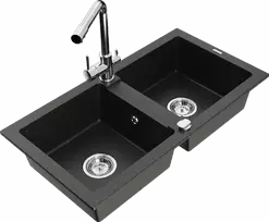 Granitinė virtuvinė plautuvė Mexen Mario su maišytuvu ir sifonu, Metallic juodas/auksinis+Chrome