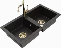 Granitinė virtuvinė plautuvė Mexen Mario su maišytuvu ir sifonu, Metallic juodas/auksinis+Gold