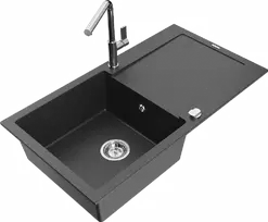 Granitinė virtuvinė plautuvė Mexen Leo su maišytuvu ir sifonu, Juodas granite+Chrome
