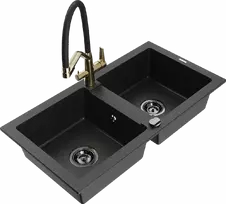 Granitinė virtuvinė plautuvė Mexen Mario su maišytuvu ir sifonu, Metallic juodas/sidabrinis+Juodas/Gold