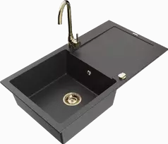 Granitinė virtuvinė plautuvė Mexen Leo su maišytuvu ir sifonu, Juodas granite+Gold