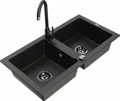 Granitinė virtuvinė plautuvė Mexen Mario su maišytuvu ir sifonu, Metallic juodas/auksinis+Juodas