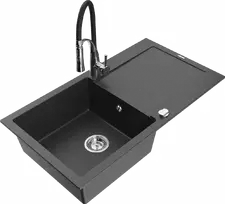 Granitinė virtuvinė plautuvė Mexen Leo su maišytuvu ir sifonu, Juodas granite+Juodas/Chrome