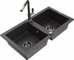Granitinė virtuvinė plautuvė Mexen Mario su maišytuvu ir sifonu, Juodas granite+Juodas granite/Gold
