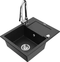 Granitinė virtuvinė plautuvė Mexen Enzo su maišytuvu ir sifonu, Metallic juodas/auksinis+Chrome